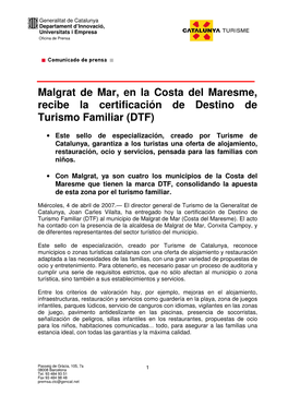 Malgrat De Mar, En La Costa Del Maresme, Recibe La Certificación De Destino De Turismo Familiar (DTF)