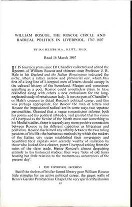 William Roscoe, the Roscoe Circle and Radical Politics in Liverpool, 1787 1807