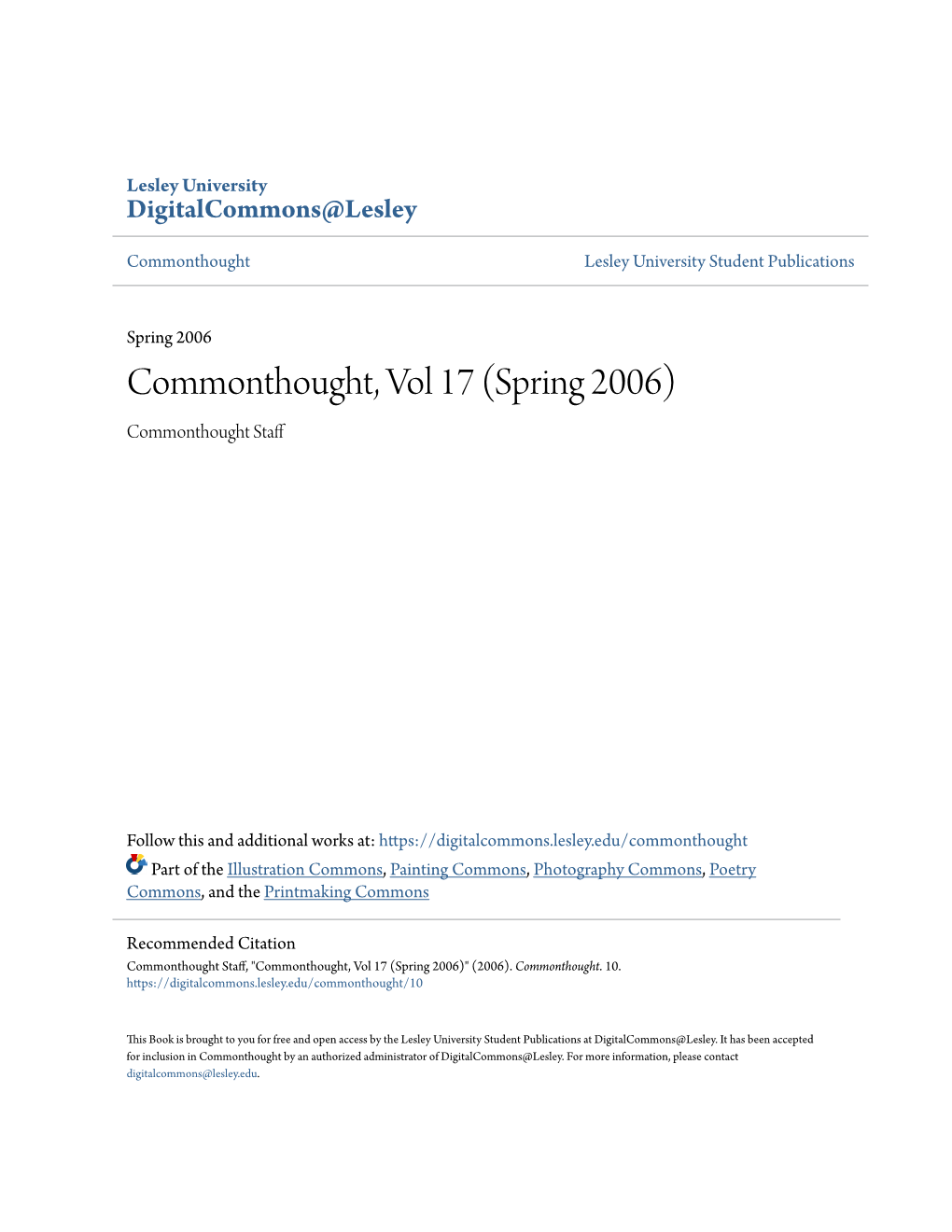 Commonthought, Vol 17 (Spring 2006) Commonthought Staff