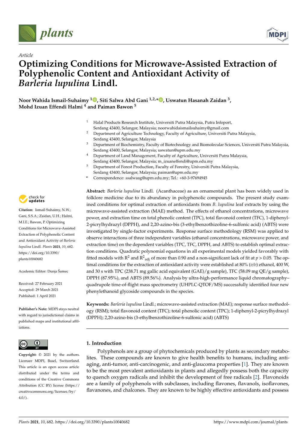 Optimizing Conditions for Microwave-Assisted Extraction of Polyphenolic Content and Antioxidant Activity of Barleria Lupulina Lindl