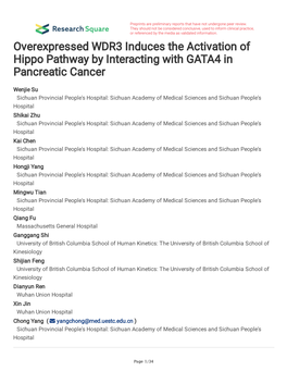 Overexpressed WDR3 Induces the Activation of Hippo Pathway by Interacting with GATA4 in Pancreatic Cancer