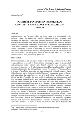 Political Development in Pakistan: Continuity and Change During Zardari Period