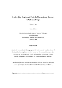 Studies of the Origins and Control of Occupational Exposure to Cytotoxic Drugs