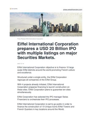 Eiffel International Corporation Prepares a USD 20 Billion IPO with Multiple Listings on Major Securities Markets