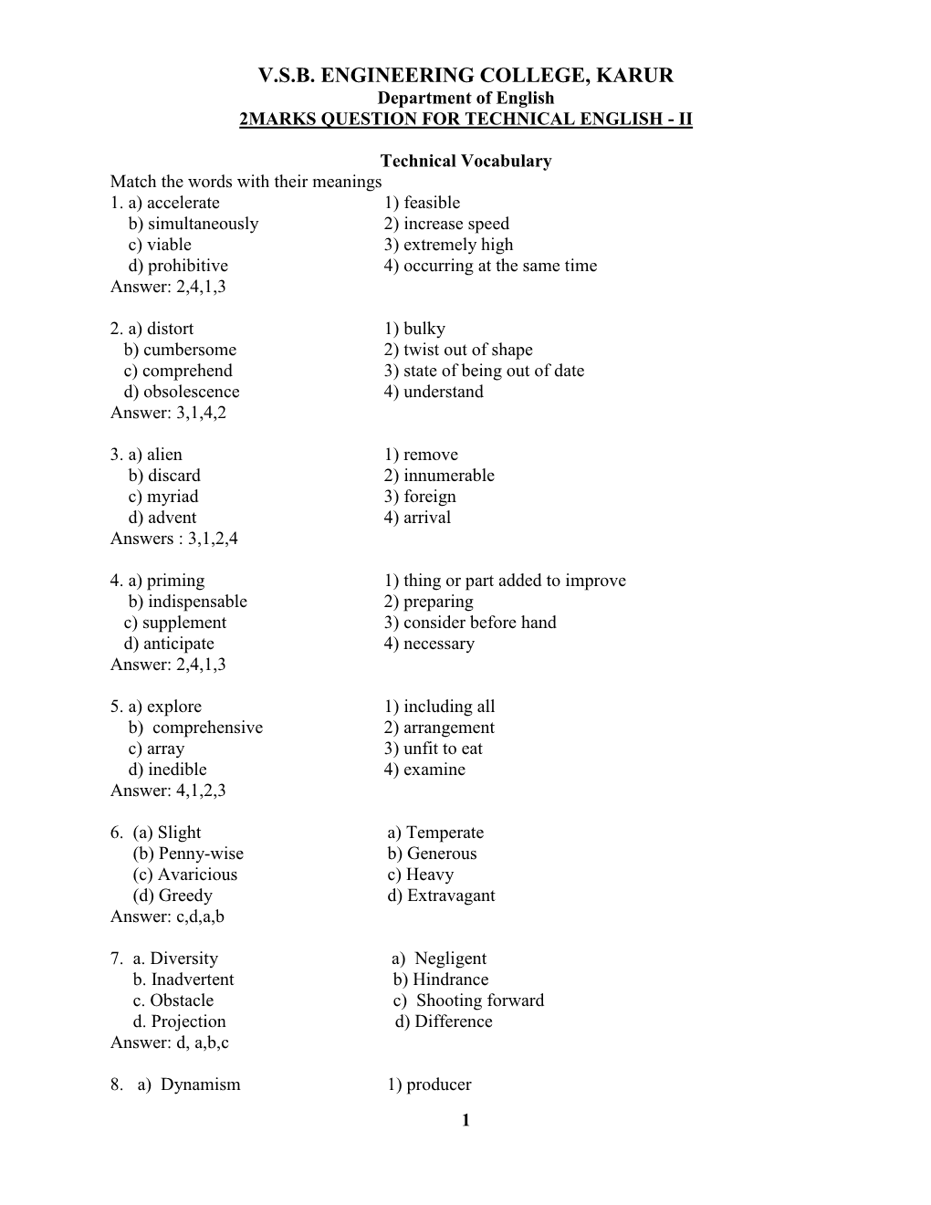 V.S.B. ENGINEERING COLLEGE, KARUR Department of English 2MARKS QUESTION for TECHNICAL ENGLISH - II