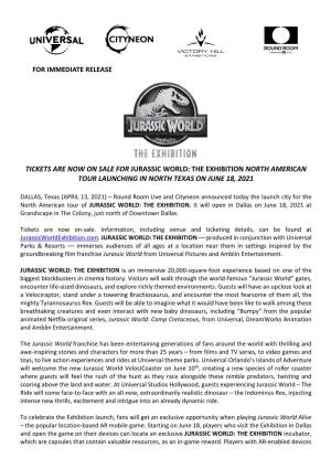 Tickets Are Now on Sale for Jurassic World: the Exhibition North American Tour Launching in North Texas on June 18, 2021