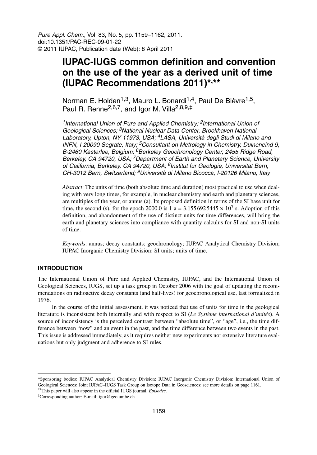 IUPAC-IUGS Common Definition and Convention on the Use of the Year As a Derived Unit of Time (IUPAC Recommendations 2011)*,**