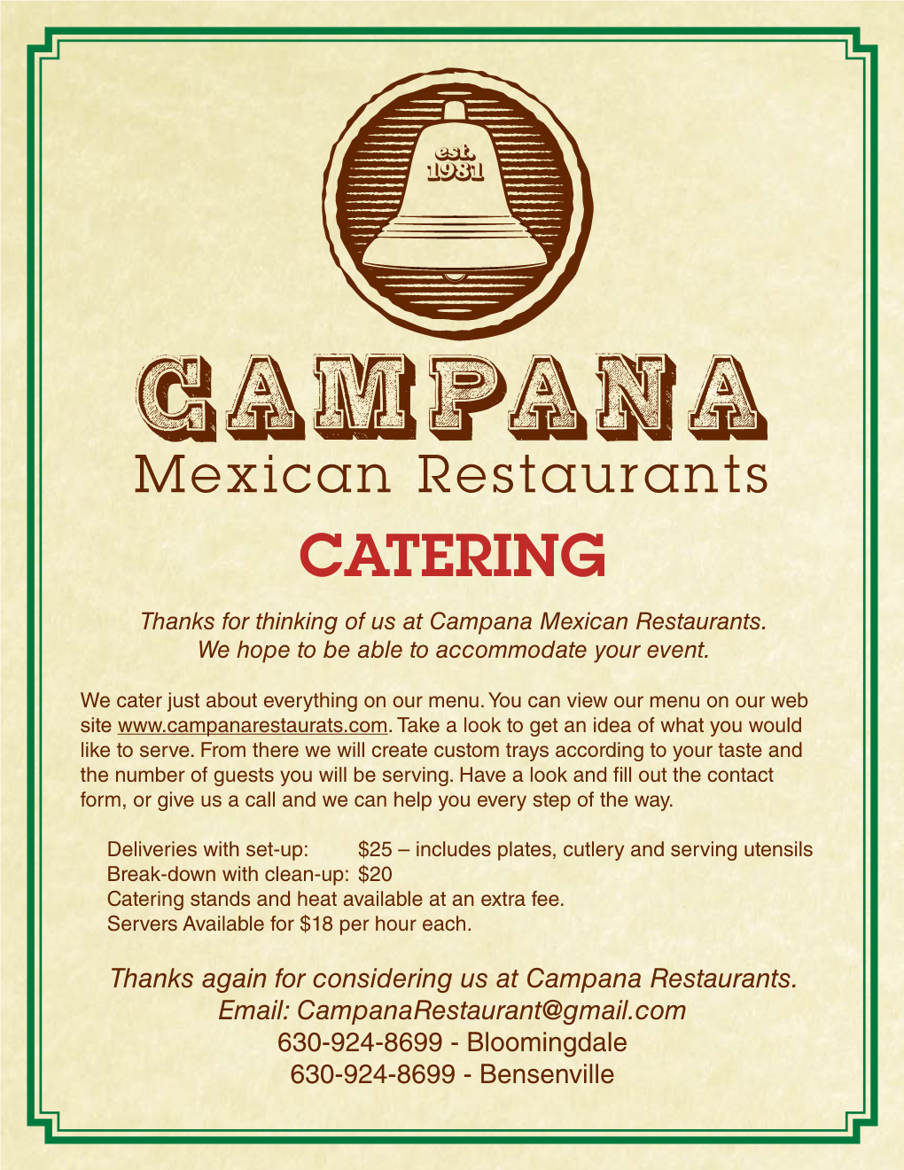 CATERING Thanks for Thinking of Us at Campana Mexican Restaurants