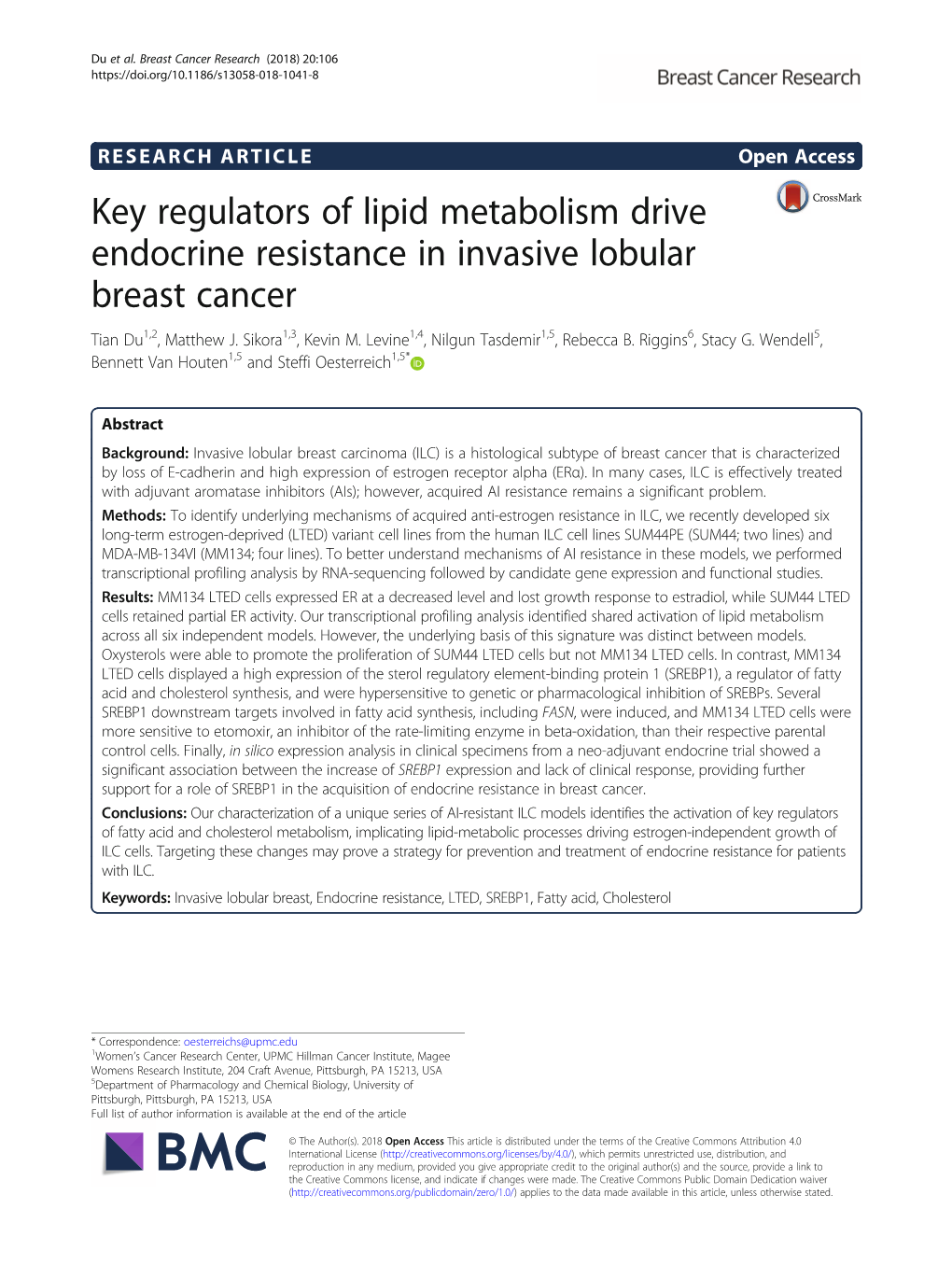 Key Regulators of Lipid Metabolism Drive Endocrine Resistance in Invasive Lobular Breast Cancer Tian Du1,2, Matthew J