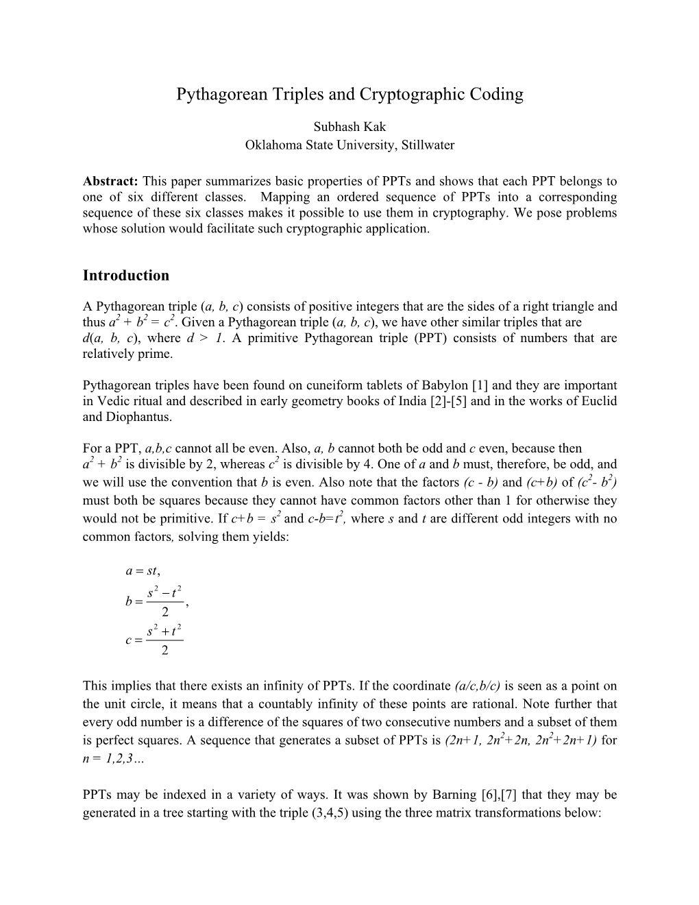 Pythagorean Triples and Cryptographic Coding