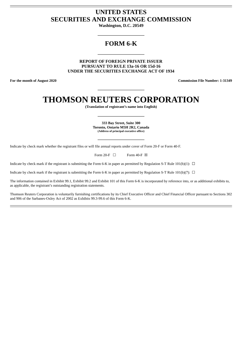 THOMSON REUTERS CORPORATION (Translation of Registrant’S Name Into English)