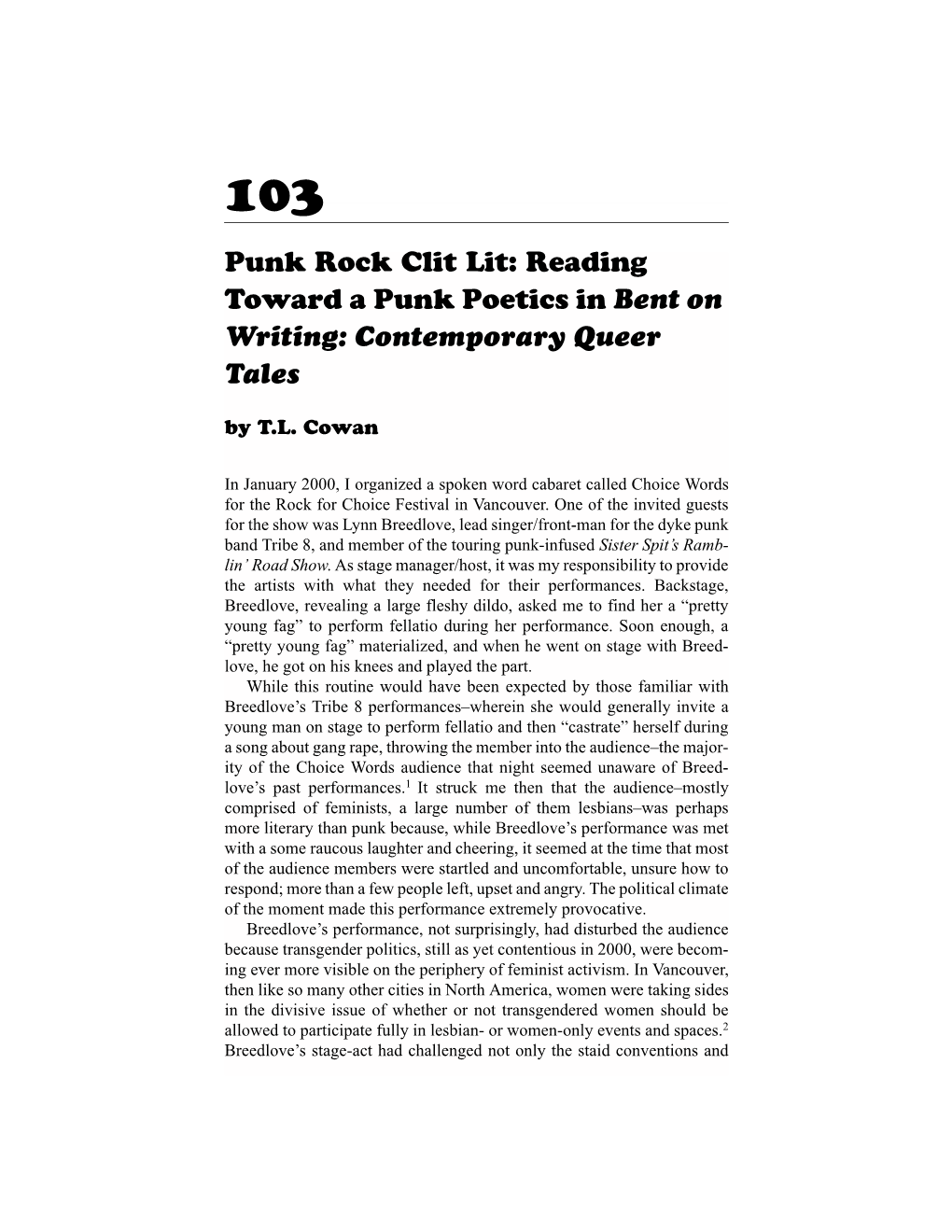 Punk Rock Clit Lit: Reading Toward a Punk Poetics in Bent on Writing: Contemporary Queer Tales by T.L