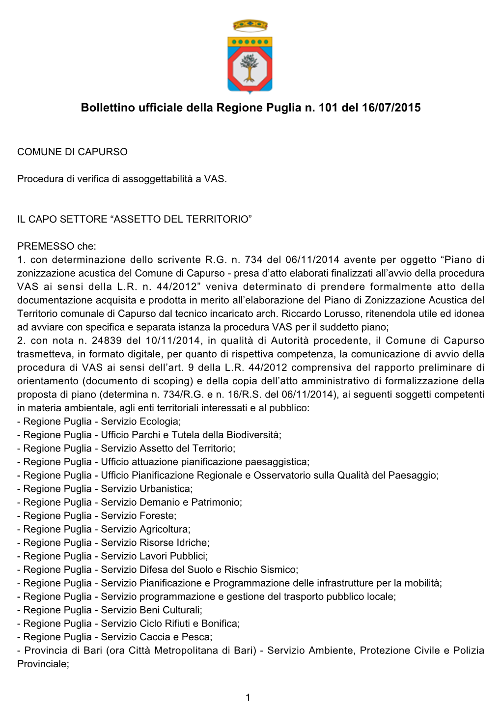 Bollettino Ufficiale Della Regione Puglia N. 101 Del 16/07/2015