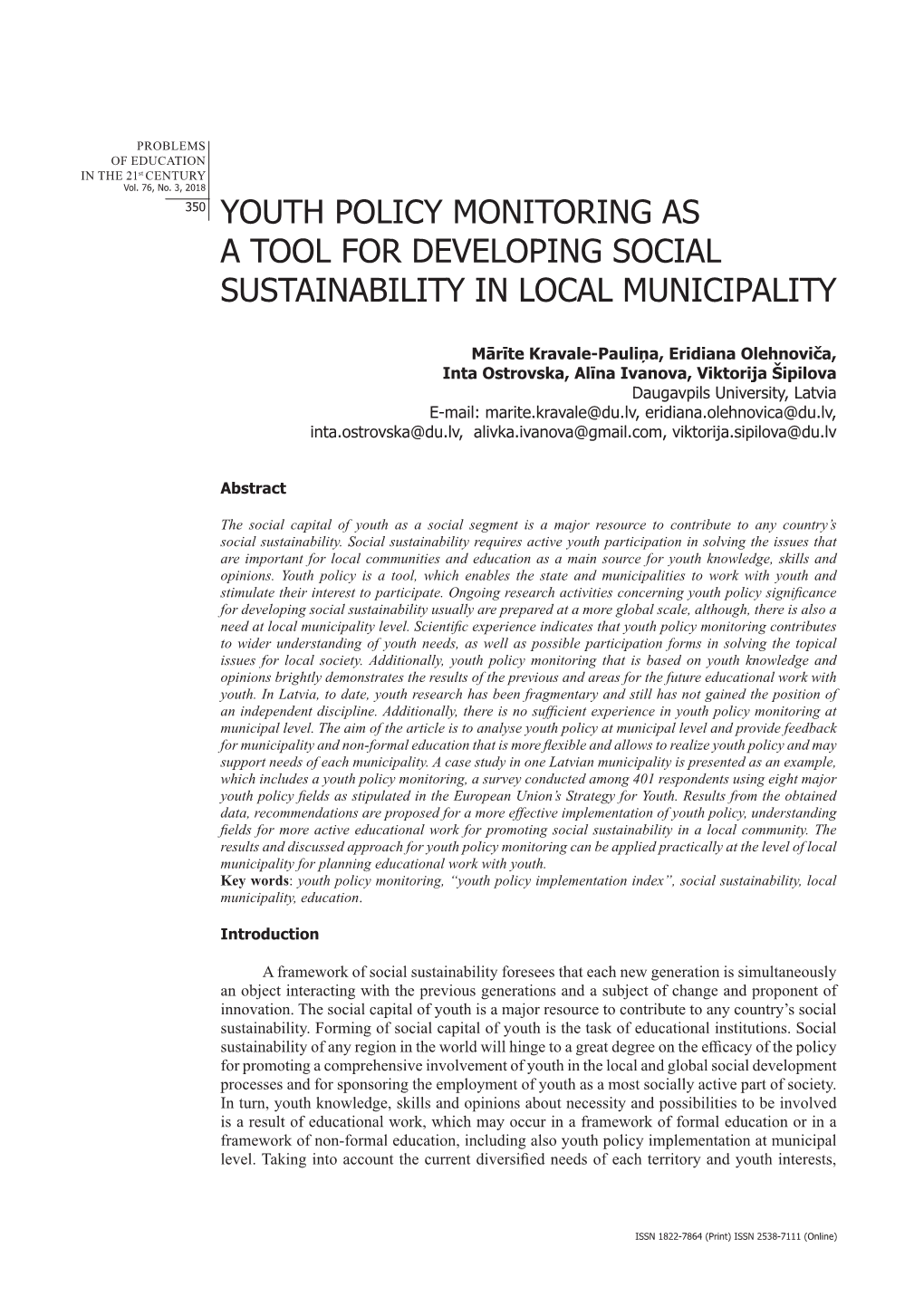 Youth Policy Monitoring As a Tool for Developing Social Sustainability in Local Municipality