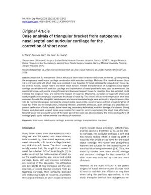 Original Article Case Analysis of Triangular Bracket from Autogenous Nasal Septal and Auricular Cartilage for the Correction of Short Nose