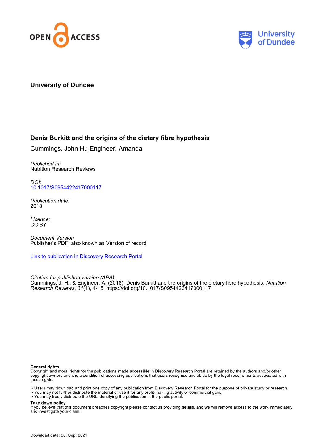 Denis Burkitt and the Origins of the Dietary Fibre Hypothesis Cummings, John H.; Engineer, Amanda