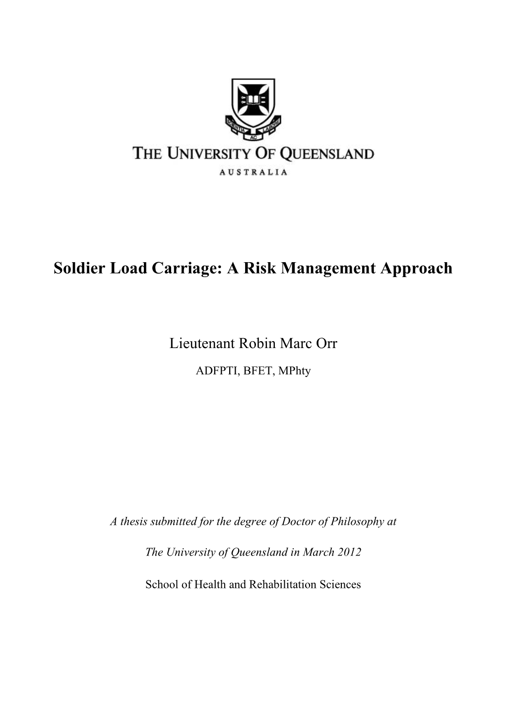 Soldier Load Carriage: a Risk Management Approach