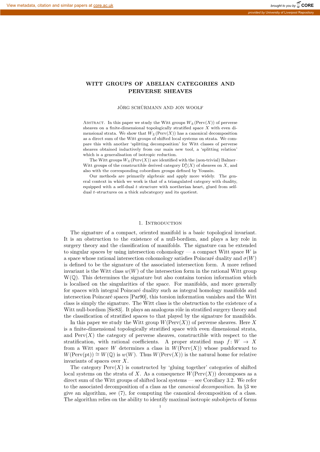 Witt Groups of Abelian Categories and Perverse Sheaves