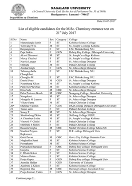 List of Eligible Candidates for the M.Sc