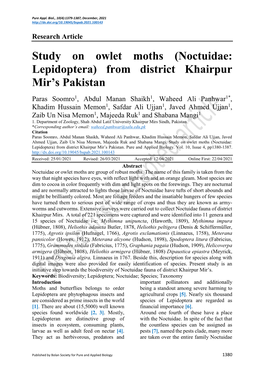 Study on Owlet Moths (Noctuidae: Lepidoptera) from District Khairpur Mir’S Pakistan