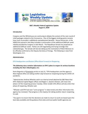 ABC's Weekly Federal Legislative Update August 3, 2020 Introduction