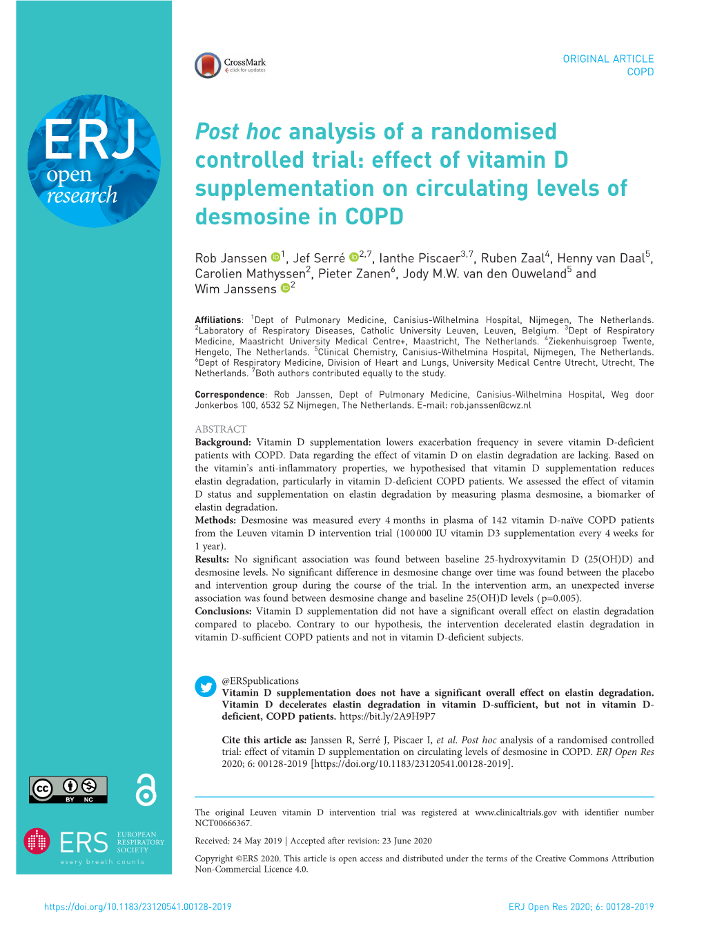 Post Hoc Analysis of a Randomised Controlled Trial: Effect of Vitamin D Supplementation on Circulating Levels of Desmosine in COPD