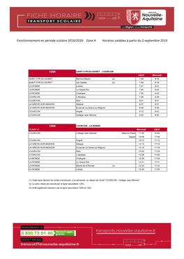 Fonctionnement En Période Scolaire 2019/2020 Zone a Horaires Valables À Partir Du 2 Septembre 2019