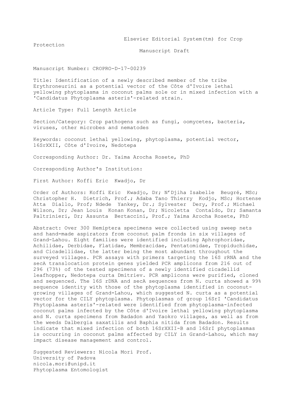 Elsevier Editorial System(Tm) for Crop Protection Manuscript Draft Manuscript Number: CROPRO-D-17-00239 Title: Identification Of