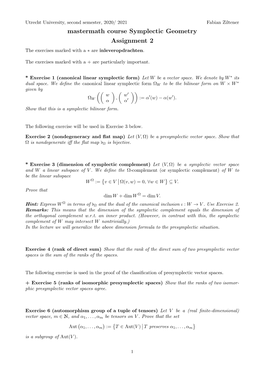 Mastermath Course Symplectic Geometry Assignment 2 the Exercises Marked with a ∗ Are Inleveropdrachten