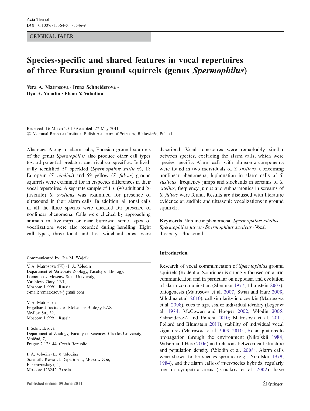 Species-Specific and Shared Features in Vocal Repertoires of Three Eurasian Ground Squirrels (Genus Spermophilus)