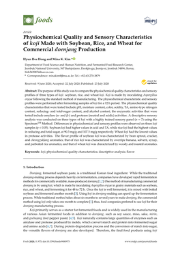 Physiochemical Quality and Sensory Characteristics of Koji Made with Soybean, Rice, and Wheat for Commercial Doenjang Production