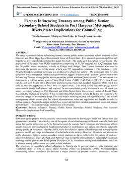 Factors Influencing Truancy Among Public Senior Secondary School Students in Port Harcourt Metropolis, Rivers State: Implications for Counselling