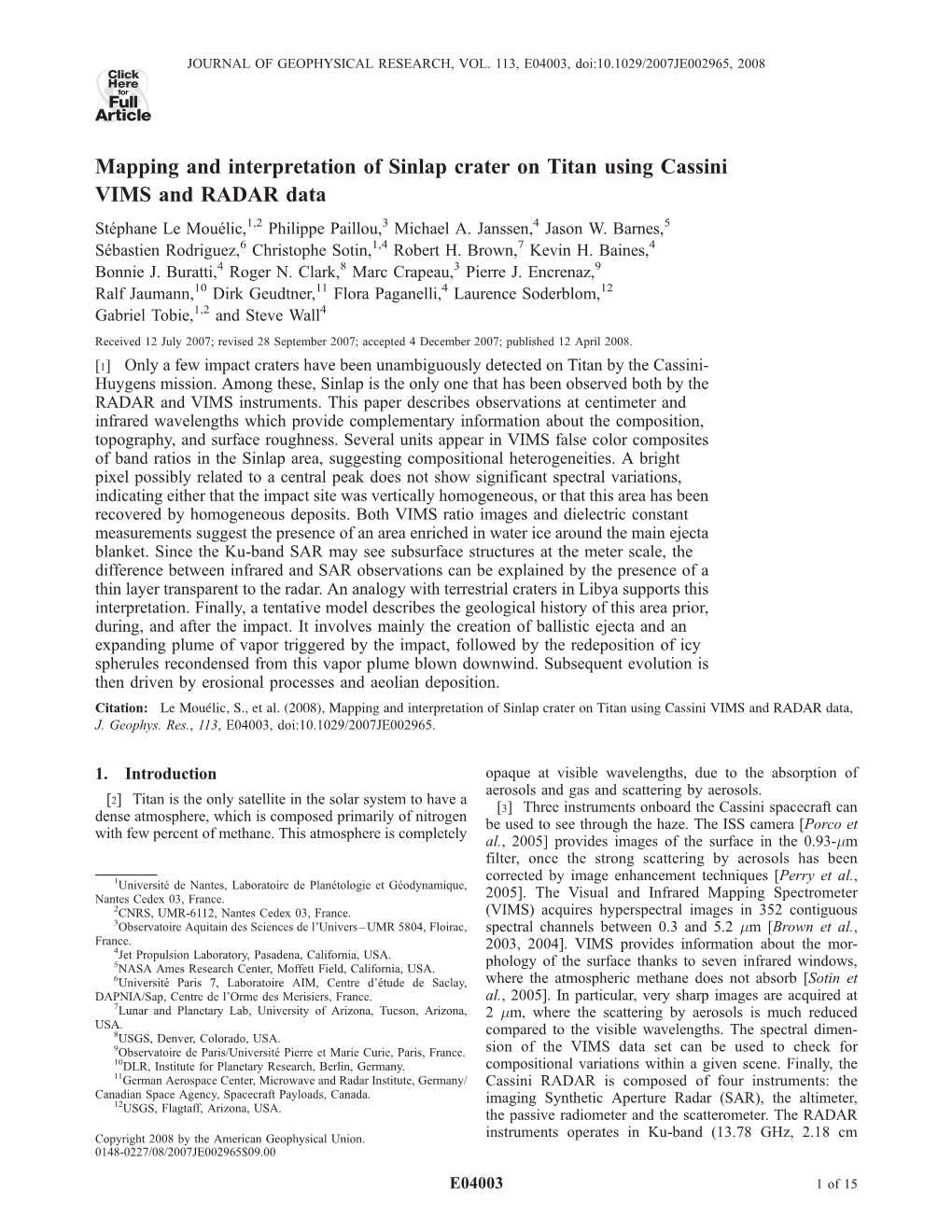 Mapping and Interpretation of Sinlap Crater on Titan Using Cassini VIMS and RADAR Data Ste´Phane Le Moue´Lic,1,2 Philippe Paillou,3 Michael A