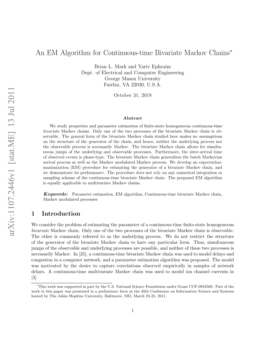 An EM Algorithm for Continuous-Time Bivariate Markov Chains