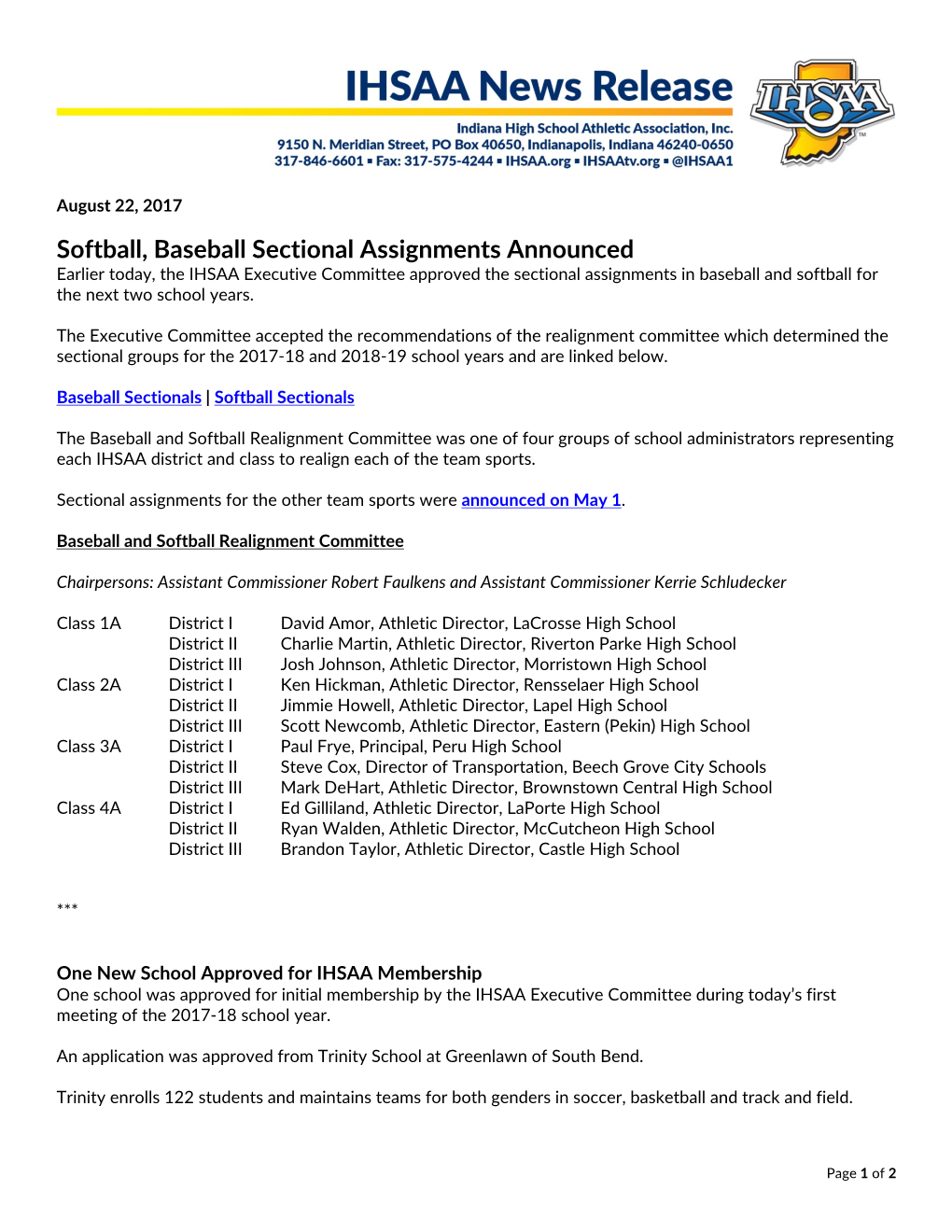 Softball, Baseball Sectional Assignments Announced