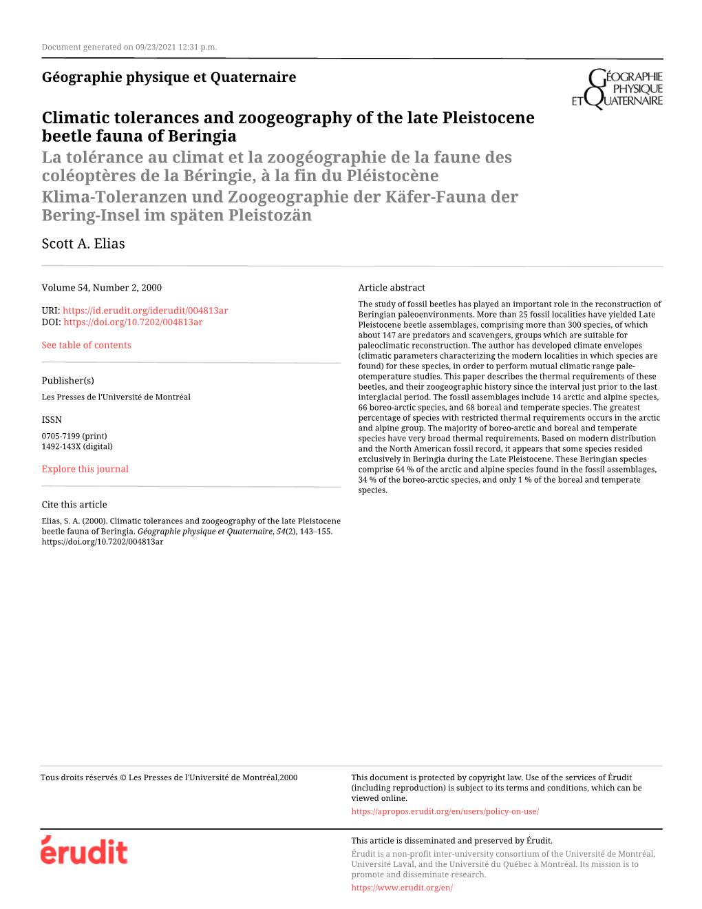 Climatic Tolerances and Zoogeography of the Late