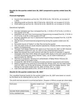 Results for the Quarter Ended June 30, 2007 Compared to Quarter Ended June 30, 2006