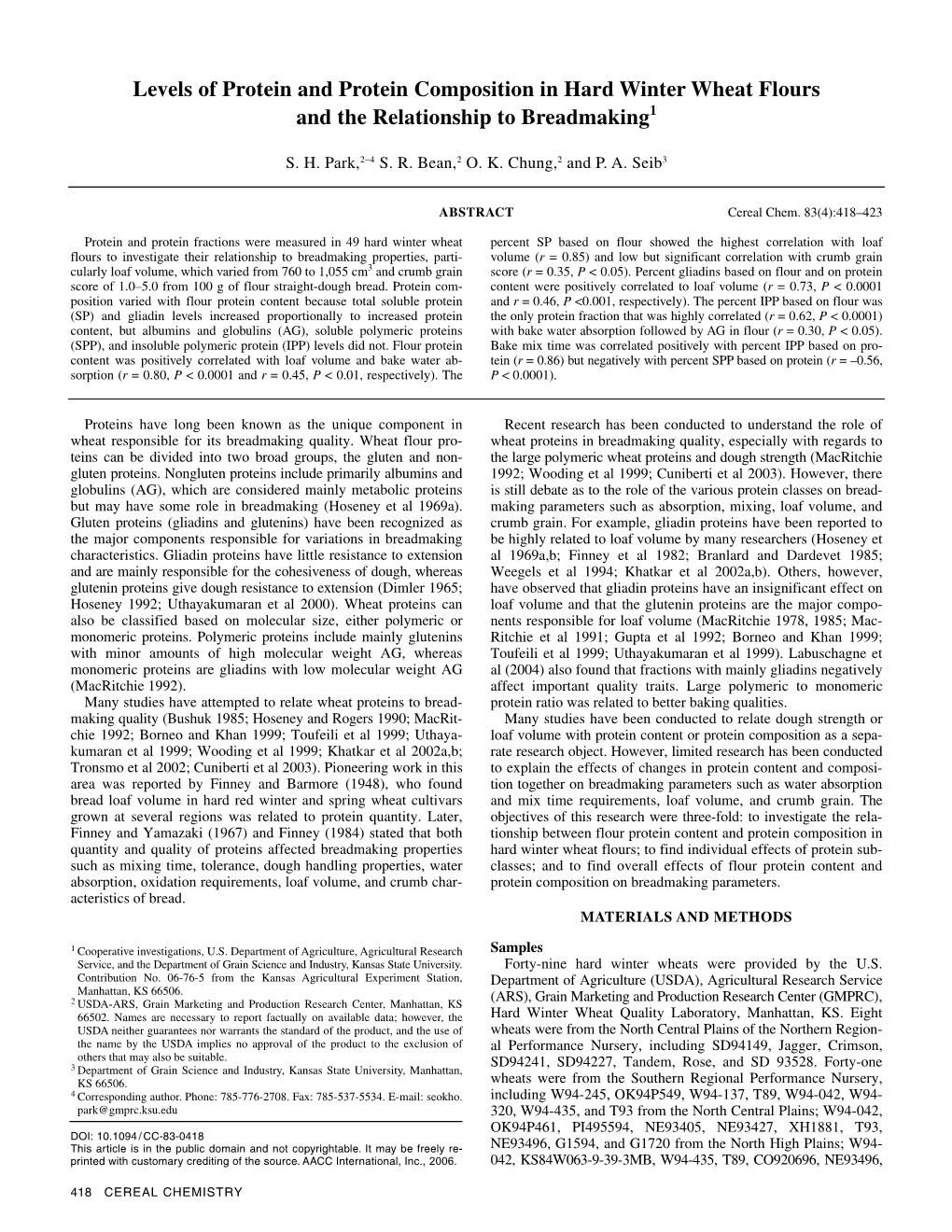 Levels of Protein and Protein Composition in Hard Winter Wheat Flours and the Relationship to Breadmaking1