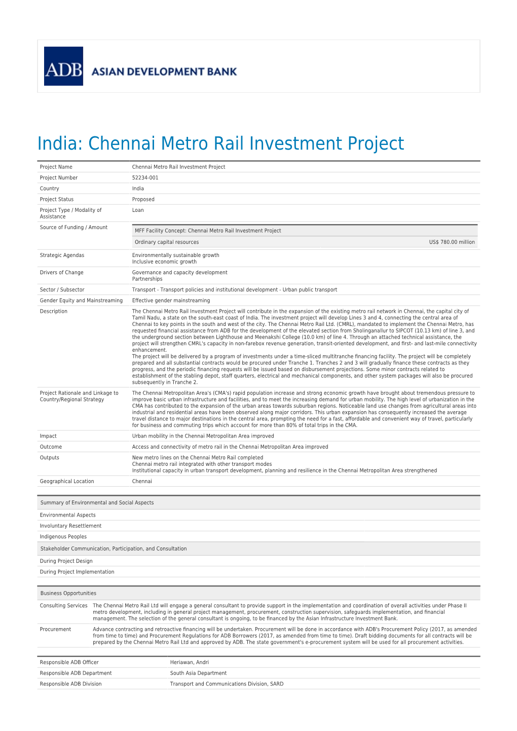 Chennai Metro Rail Investment Project