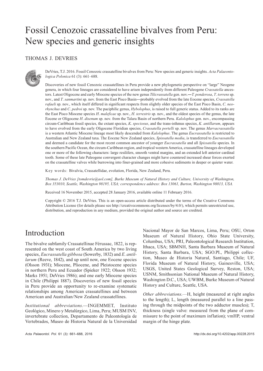 Fossil Cenozoic Crassatelline Bivalves from Peru: New Species and Generic Insights