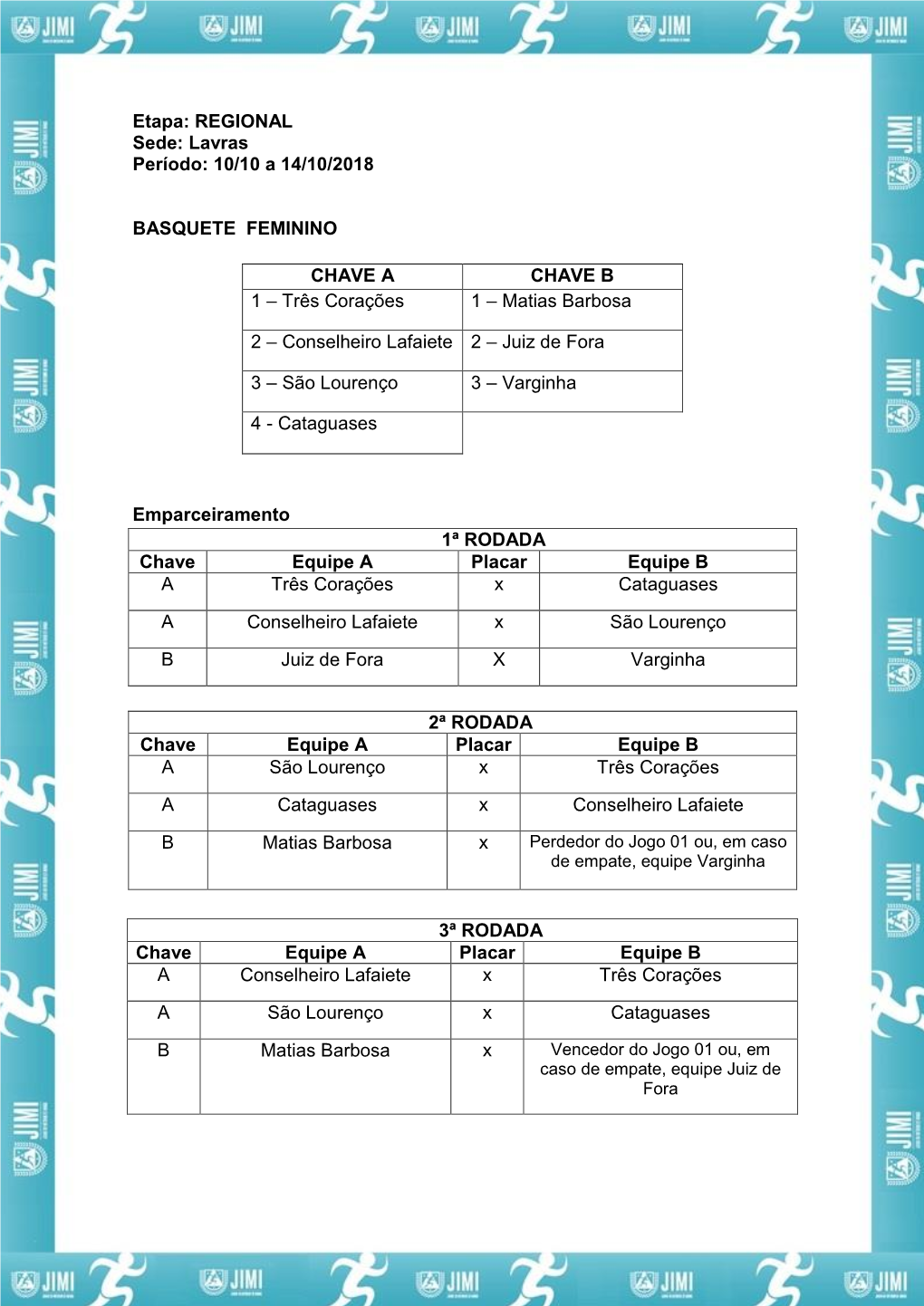 Etapa: REGIONAL Sede: Lavras Período: 10/10 a 14/10/2018