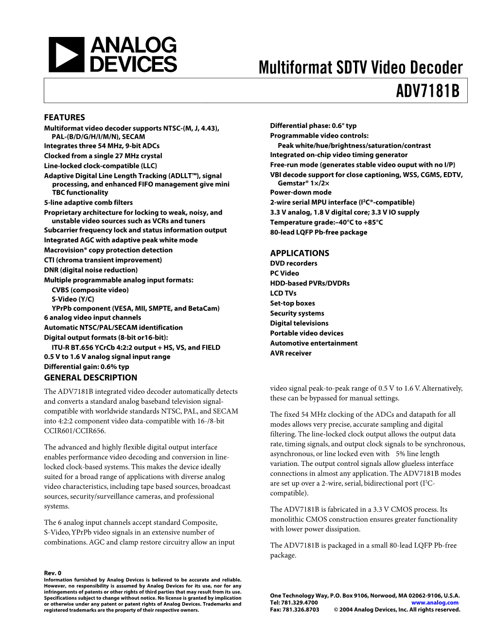 ADV7181B Multiformat SDTV Video Decoder Data