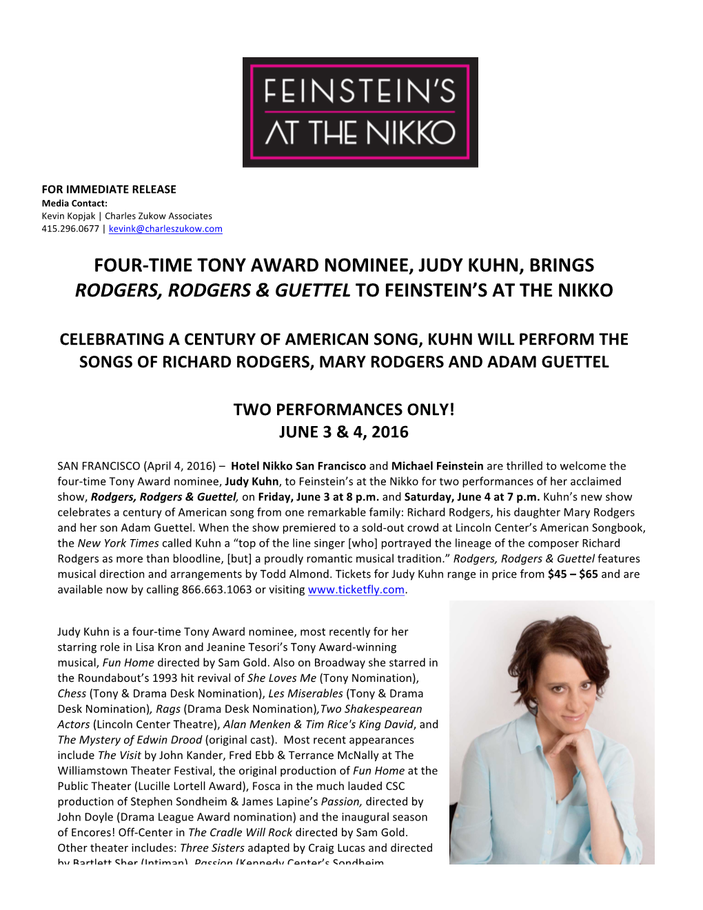 Time Tony Award Nominee, Judy Kuhn, Brings Rodgers, Rodgers & Guettel to Feinstein’S at the Nikko