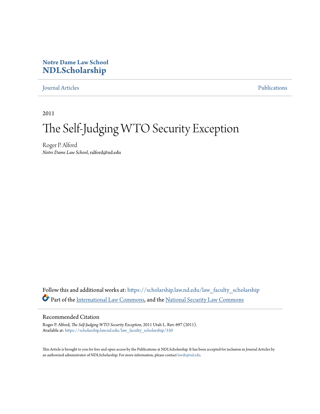 The Self-Judging WTO Security Exception, 2011 Utah L