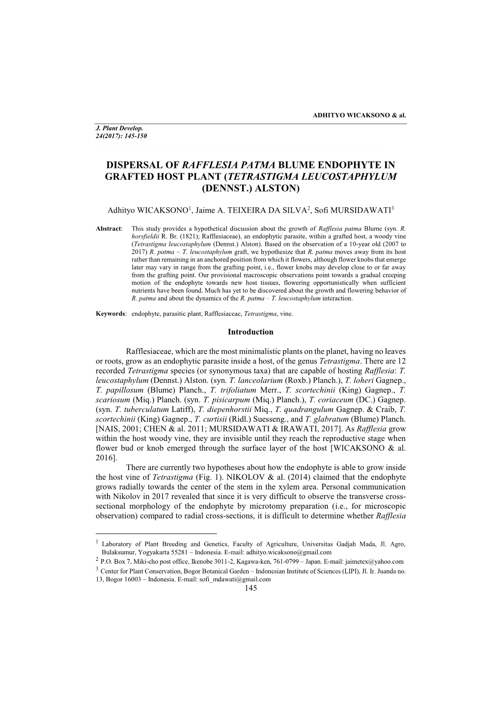 Dispersal of Rafflesia Patma Blume Endophyte in Grafted Host Plant (Tetrastigma Leucostaphylum (Dennst.) Alston)