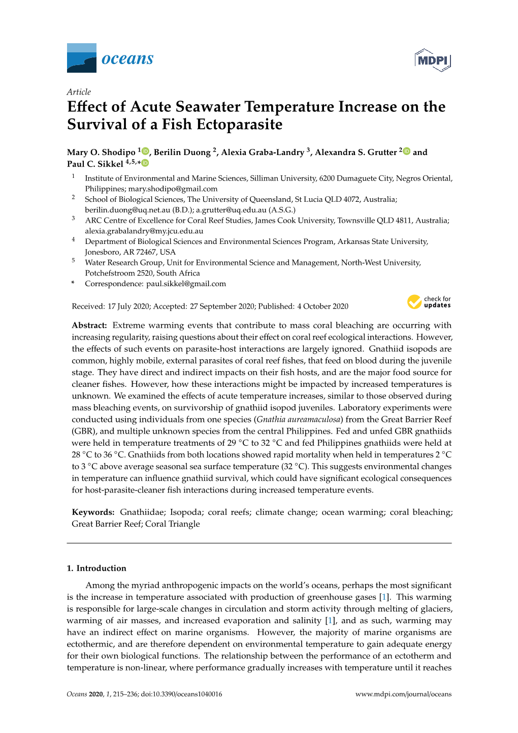 Effect of Acute Seawater Temperature Increase on the Survival of a Fish