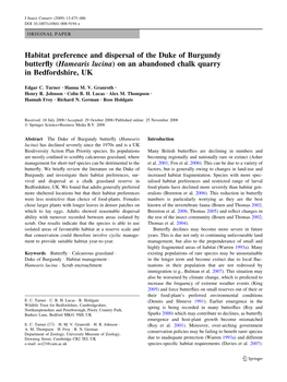 Habitat Preference and Dispersal of the Duke of Burgundy Butterﬂy (Hamearis Lucina) on an Abandoned Chalk Quarry in Bedfordshire, UK