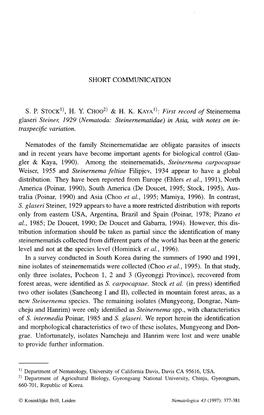 First Record of Steinernema Glaseri Steiner, 1929 (Nematoda: Steinernematidae) in Asia, with Notes on In- Traspecific Variation