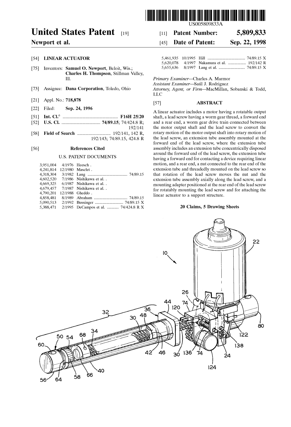 United States Patent (19) 11 Patent Number: 5,809,833 Newport Et Al