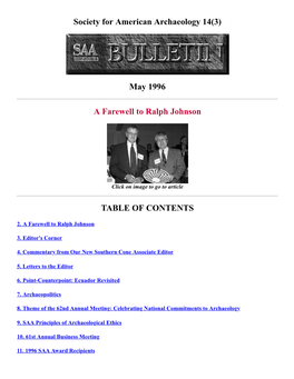 May 1996 a Farewell to Ralph Johnson TABLE of CONTENTS